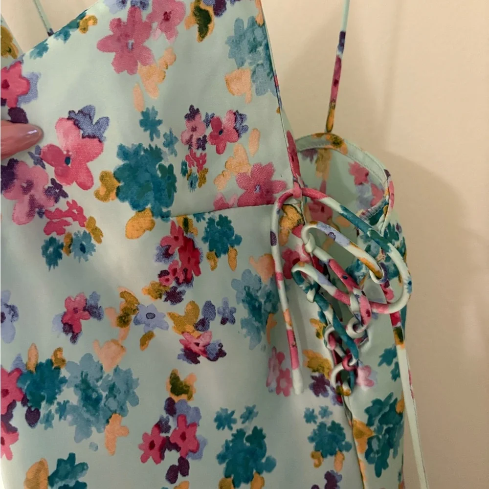 Zara Floral Printed Midi/Maxi Slip Side Tie Tank Dress Light Blue Pink Size S - Picture 8 of 12